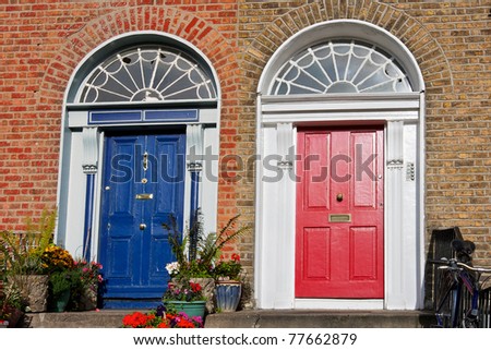 Typical red and blue Georgian doors. Dublin, Ireland