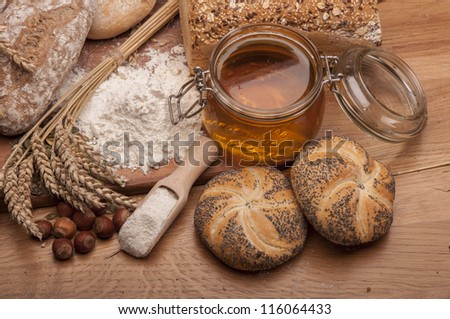 Loaves of bread, rolls, cereals with ambient light