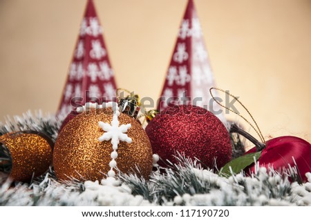 Christmas stuff on wooden table with dark background
