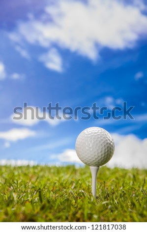 Golf equipment on green grass, golf field