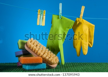 Washing and cleaning concept, cleaning set on blue background