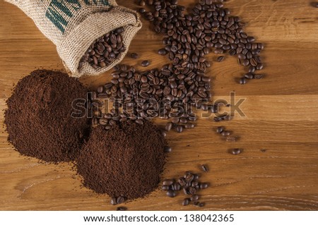 Coffee beans, wooden table with ambient light