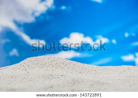 Summer concept with sun, white sand, blue sky