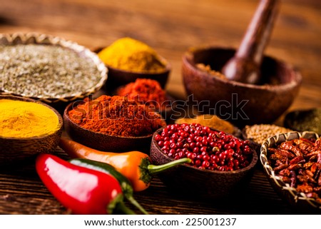 Traditional Asian seasoning on wooden table