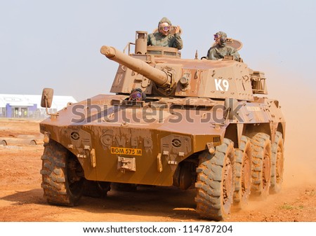 PRETORIA, SOUTH AFRICA - SEPT. 19: An electric drive Rooikat armoured fighting vehicle from DLS seen during the African Aerospace & Defence show on Sept. 19, 2012 at AFB Waterkloof in Pretoria.