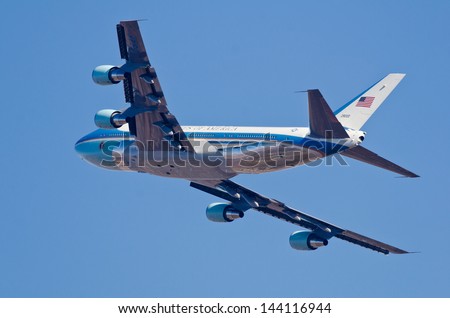 PRETORIA, SOUTH AFRICA -JUNE 30 : President Barak Obama flies past in Air Force One after leaving Waterkloof Air Force base during his African tour on June 30, 2013 in Pretoria, South Africa