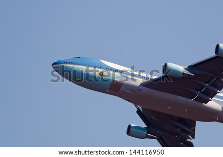 PRETORIA, SOUTH AFRICA -JUNE 30 : President Barak Obama flies past in Air Force One after leaving Waterkloof Air Force base during his African tour on June 30, 2013 in Pretoria, South Africa