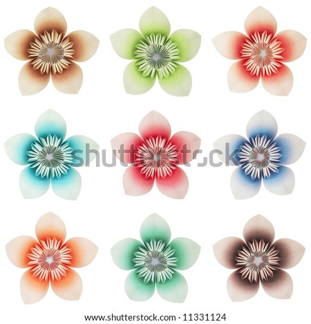 9 isolated origami flowers, different colors, on a pure white background