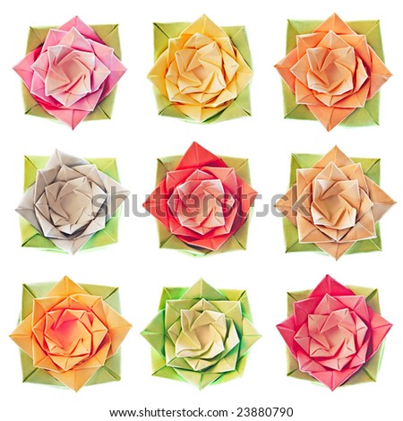 9 isolated origami flowers on a pure white background