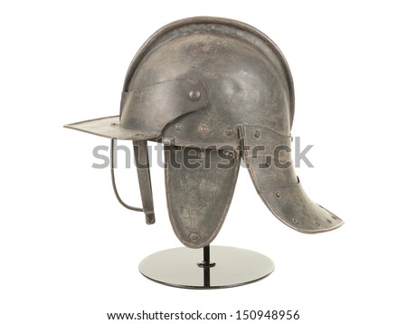 An Antique 17th Century English Civil War Period Lobstertail Helmet Isolated on White Background
