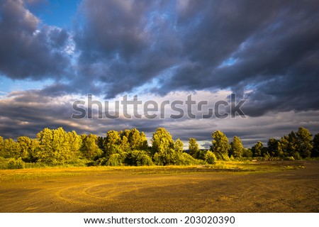Stormy sky with dark and light clusters of clouds and landscape with trees, lit the warm rays of the setting sun with brown soil ground in the foreground.