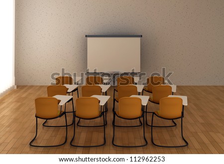 Interior of the training room with marker board and chairs.