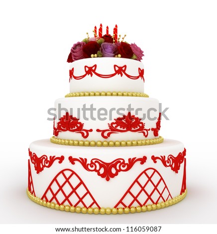 multi-tiered birthday celebration cake with sugar roses and candles. Isolated on white background
