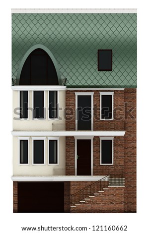 seamless part of the facade terraced houses with the main entrance, terrace and garage. Isolated on white background