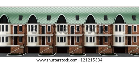 facades terraced houses with the main entrance, terrace and garage. Isolated on white background