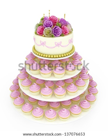 multi tiered wedding celebration cake with sugar roses and cupcake. Isolated on white background