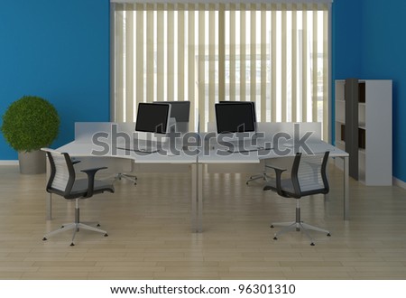 System office desks with partitions in the blue interior