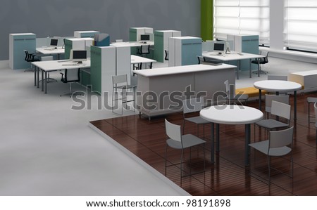 Interior open space office with system office desks and lounge area