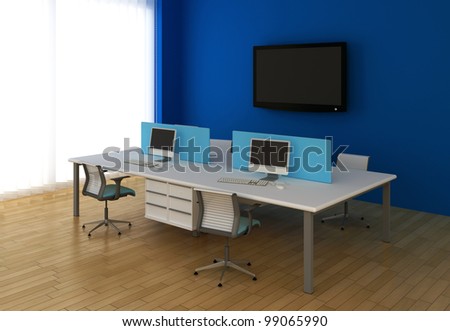 Interior office with system office desks and TV.