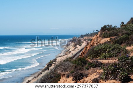 Wideshot of the Del Mar, California coastline, with ocean, cliffs and railroad tracks.