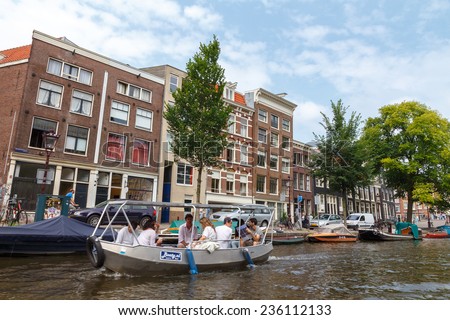 Amsterdam, Netherlands - July 29, 2014: Canals of Amsterdam. Favorite place for walking and leisure travelers.