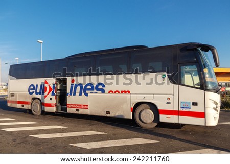 Paris, France - January 1, 2015: White mainline passenger bus Euroline. The most convenient and inexpensive means of transportation in Europe.