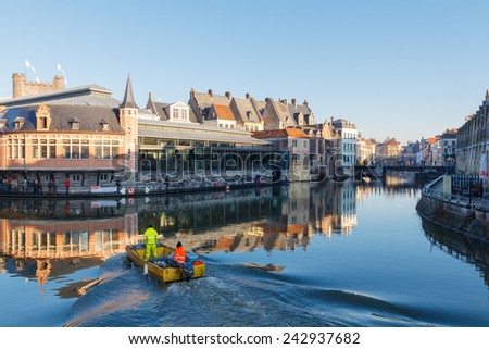 Ghent, Belgium - December 30, 2014: The historic center of Gent,big house butchers.  A typical example of civil engineering at Ghent.