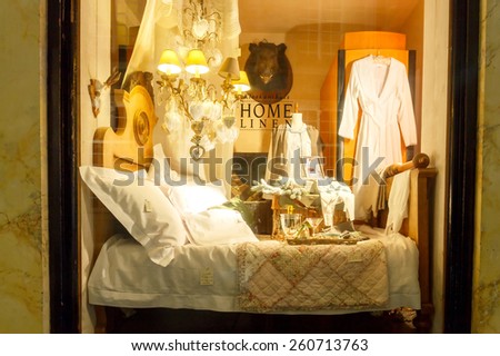 Ghent, Belgium - December 29, 2014: Showcase store sells home furnishings and accessories. Interior home bedroom.
