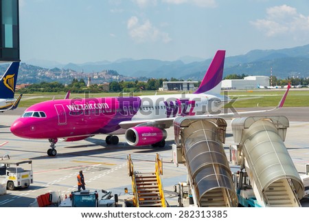 Bergamo, Italy - May 27, 2015: Wizz Air aircraft company at the airport of Bergamo. The company offers one of Wizz Air not expensive flight to Europe. The company flies to 29 countries.