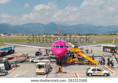 Bergamo, Italy - May 27, 2015: Wizz Air aircraft company at the airport of Bergamo. The company offers one of Wizz Air not expensive flight to Europe. The company flies to 29 countries.