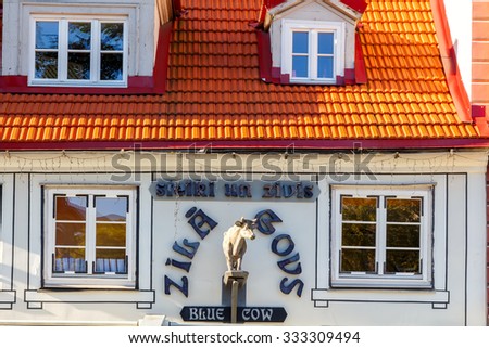 Riga, Latvia - 15 October, 2015: Famous Latvian Blue Cow restaurant in the area Liv. A popular tourist destination.