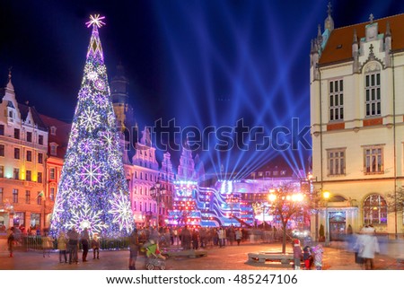 Market Square in colorful illuminations and decorations for Christmas. Wroclaw. Poland.