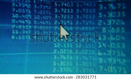 Mouse pointer on laptop screen closeup blue background