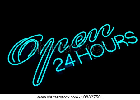 open bar restaurant 24 hours blue neon sign on black