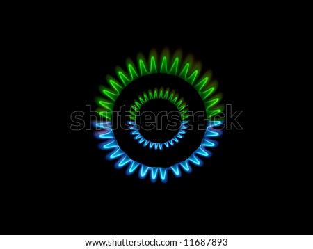 stock photo Gas burner green and blue flames view from the top