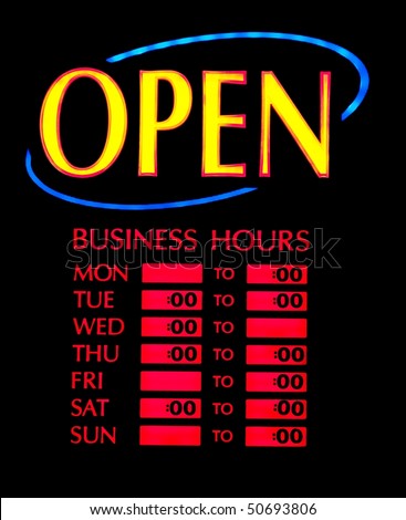 Open business neon sign with weekly opening hours