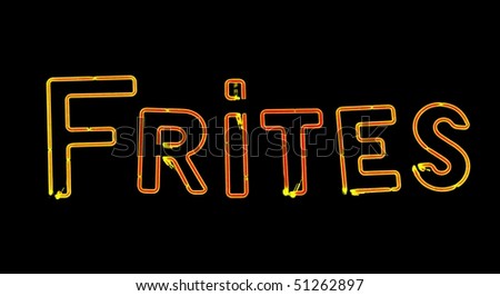 French fries red yellow neon sign on black background