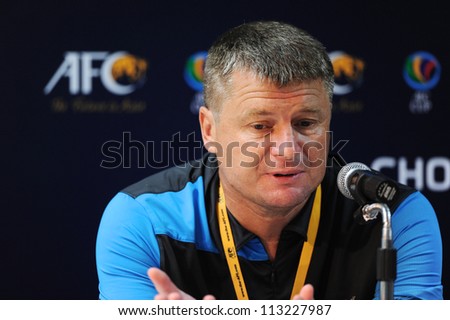 CHONBURI,THAILAND-SEP18:Valeriu Tita Manager of Al Shorta (SYR) speaks to media after the match during AFC CUP between Chonburi fc.and Al Shorta (SYR) at Chonburi Stadium on Sep18,2012 in Thailand