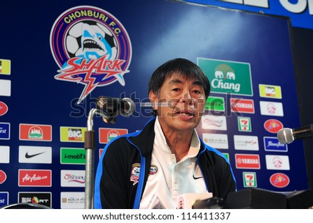 CHONBURI,THAILAND-SEP11:Withaya Laohakul Manager of Chonburi fc.speaks to media after match during Thai Premier League between Chonburi fc.and Buriram Utd.at Chonburi Stadium on Sep11,2012 in Thailand