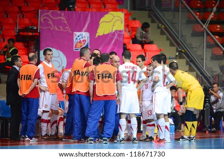 BANGKOK,THAILAND-NOVEMBER 06:Players of Serbia meeting time out during the FIFA Futsal World Cup between Kuwait and Serbia at Indoor Stadium Huamark on Nov6, 2012 in,Thailand.