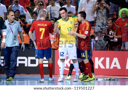 BANGKOK,THAILAND - NOVEMBER18:Falcao of Brazil celebrates with team mate  the FIFA Futsal World Cup Final between Spain and Brazil at Indoor Stadium Huamark on Nov18, 2012 in ,Thailand.