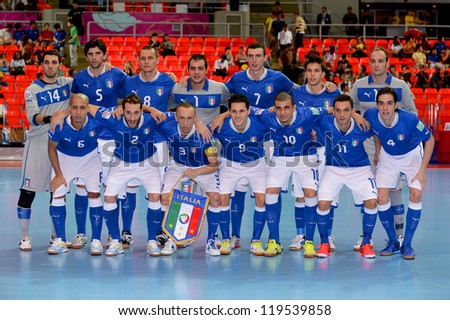 BANGKOK, THAILAND - NOVEMBER 18: Players of Italy are seen during the FIFA Futsal World Cup  match between Italy and Colombiaat Indoor Stadium Huamark on November 18, 2012 in Bangkok, Thailand.