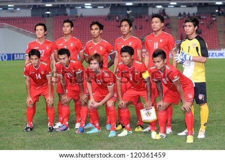 BANGKOK THAILAND-NOVEMBER 27:Players of Myanmar are seen during the AFF Suzuki Cup between Thailand and Myanmar at Rajamangala stadium on Nov27, 2012 in Bangkok,Thailand.
