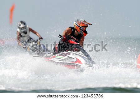 PATTAYA CITY THAILAND-DECEMBER 8:Steven Dauliacia of France in action during moto2 class Pro Ski Open the Jetski  King's Cup World Cup Grand Prix at Jomtien Beach on Dec8, 2012 in,Thailand.