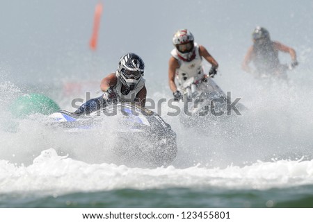 PATTAYA CITY THAILAND-DECEMBER 8:Rick Sherker of USA in action during moto2 class Pro Ski Open the Jetski  King\'s Cup World Cup Grand Prix at Jomtien Beach on Dec8, 2012 in,Thailand.
