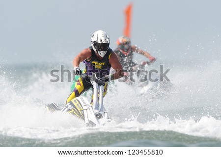 PATTAYA CITY THAILAND-DECEMBER 8:Trent Brown of Newzealand in action during moto2 class Pro Ski Open the Jetski  King\'s Cup World Cup Grand Prix at Jomtien Beach on Dec8, 2012 in,Thailand.