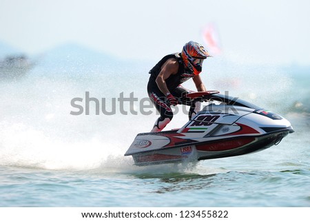 PATTAYA CITY THAILAND-DECEMBER 8:Steven Dauliacia of France in action during moto2 class Pro Ski Open the Jetski  King\'s Cup World Cup Grand Prix at Jomtien Beach on Dec8, 2012 in,Thailand.
