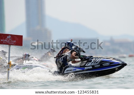 PATTAYA CITY THAILAND-DECEMBER 8:Rick Sherker of USA in action during moto2 class Pro Ski Open the Jetski  King\'s Cup World Cup Grand Prix at Jomtien Beach on Dec8, 2012 in,Thailand.