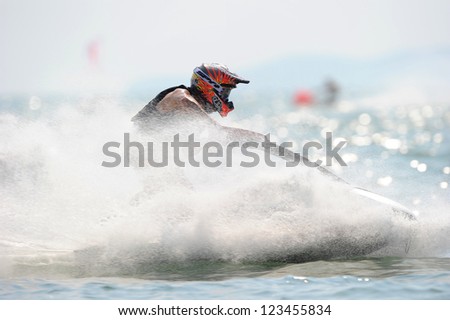PATTAYA CITY THAILAND-DECEMBER 8:Steven Dauliacia of France in action during moto2 class Pro Ski Open the Jetski  King\'s Cup World Cup Grand Prix at Jomtien Beach on Dec8, 2012 in,Thailand.