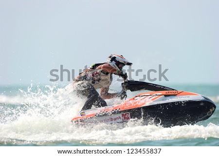 PATTAYA CITY THAILAND-DECEMBER 8:Kevin Reiterer of Austria in action during moto2 class Pro Ski Open the Jetski  King\'s Cup World Cup Grand Prix at Jomtien Beach on Dec8, 2012 in,Thailand.
